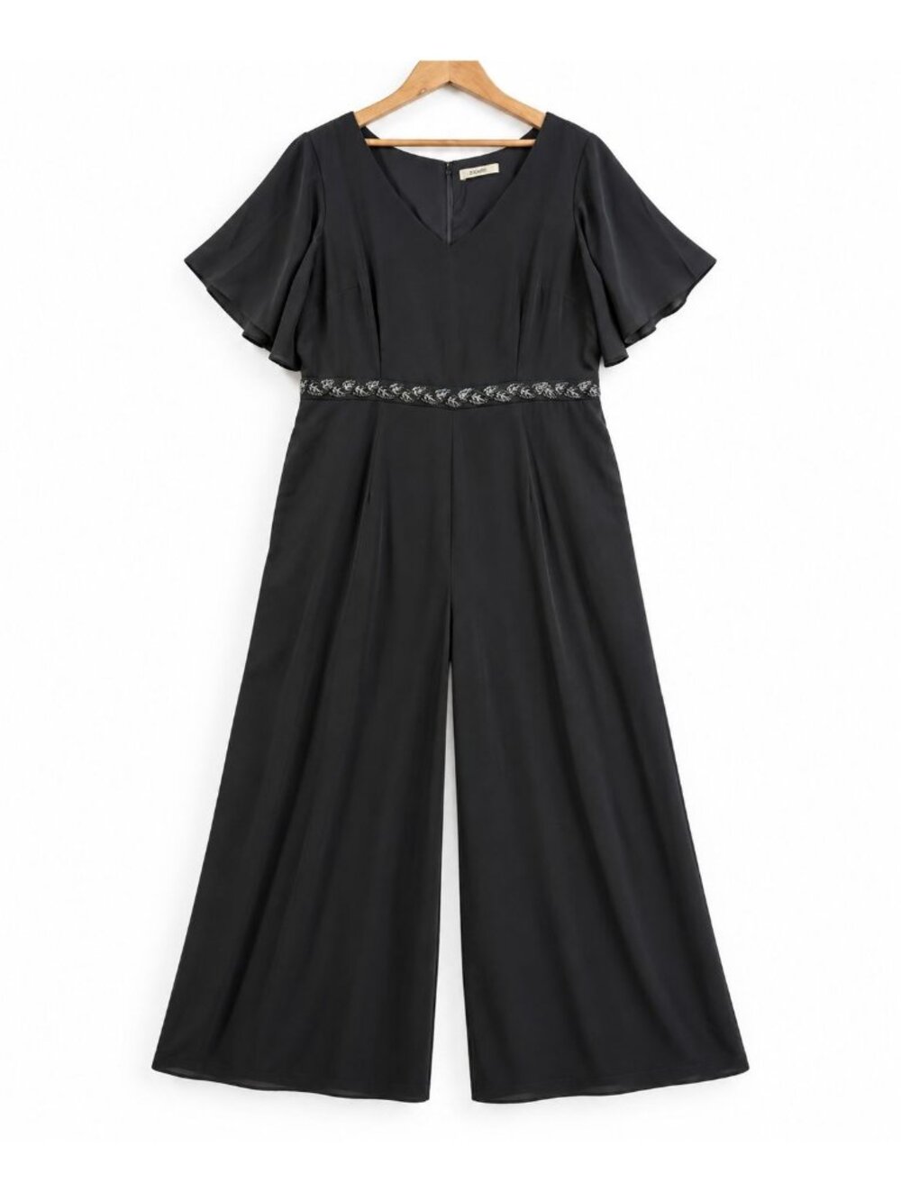HK63 - Zapelle Black Wide Leg Jumpsuit XL 18 1X Beaded Waist Flutter Sleeve For